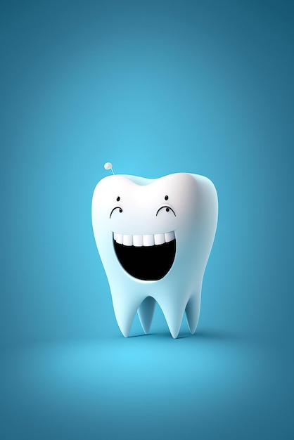 White happy tooth in cartoon style on blue background The concept of dental health Generative AI