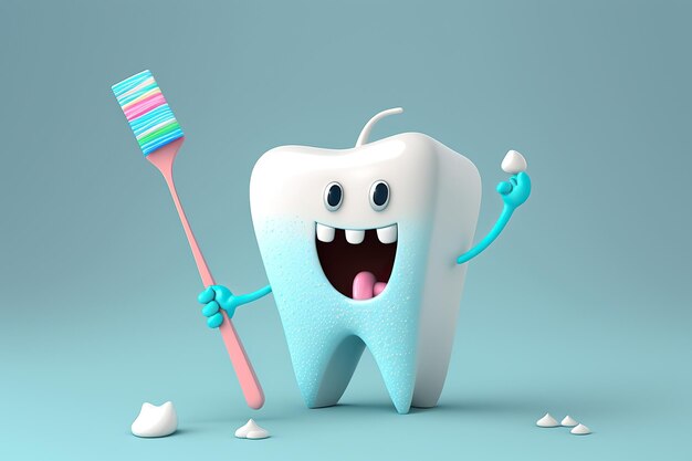 Photo white happy tooth with a toothbrush on blue background cartoon character generative ai