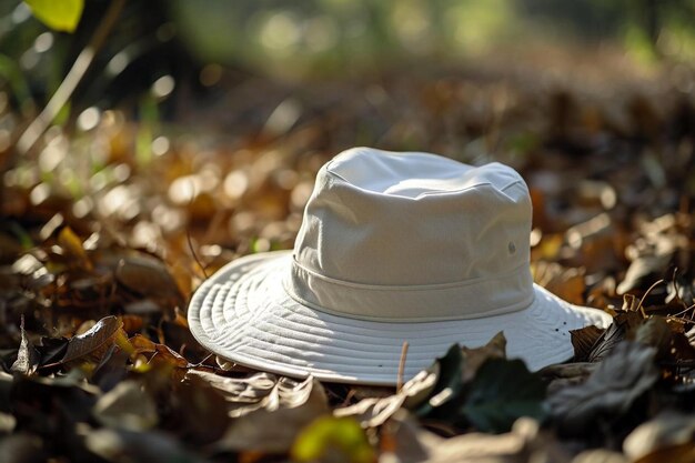 나뭇잎 더미 위에 하얀 모자가 앉아 있다
