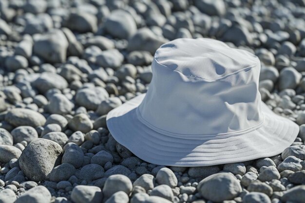 A white hat sitting on top of a pile of rocks