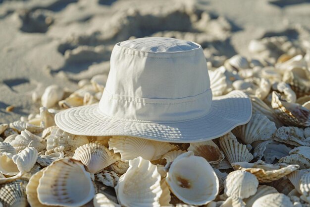 Foto un cappello bianco seduto sopra una pila di conchiglie