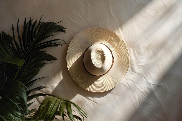 A white hat with a palm leaf on it is on a white sheet