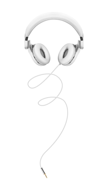 흰색 헤드폰 및 컨벤션 Aux 케이블 3.5mm. 흰색 배경에 고립