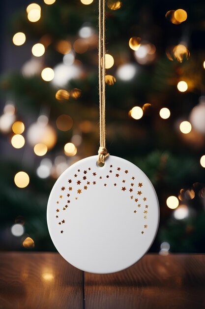 Photo white heart hanging on a christmas tree mockup