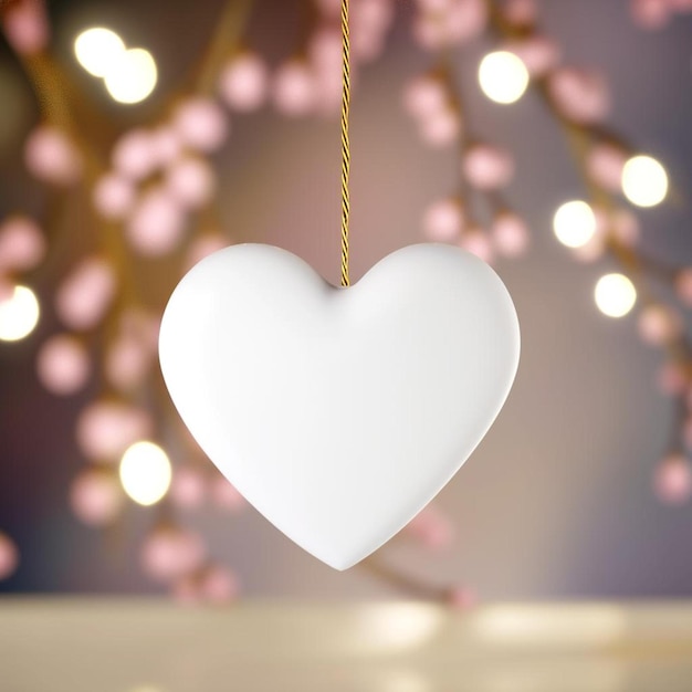 a white heart hanging from a string