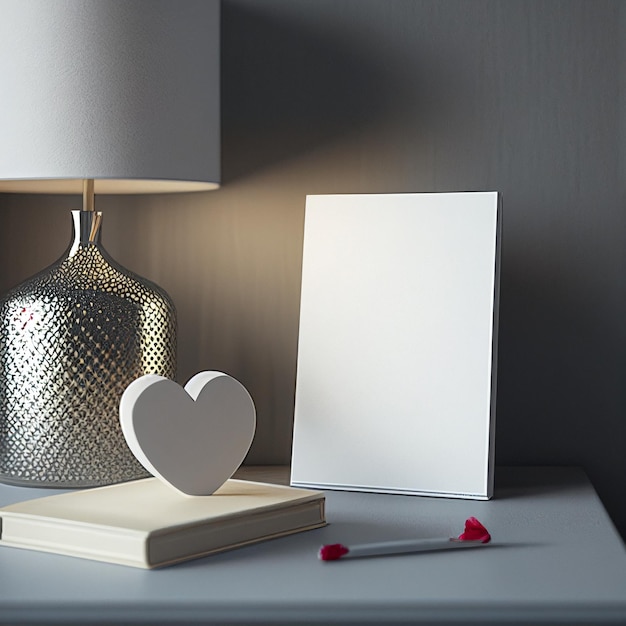 A white heart is on a table next to a white frame.