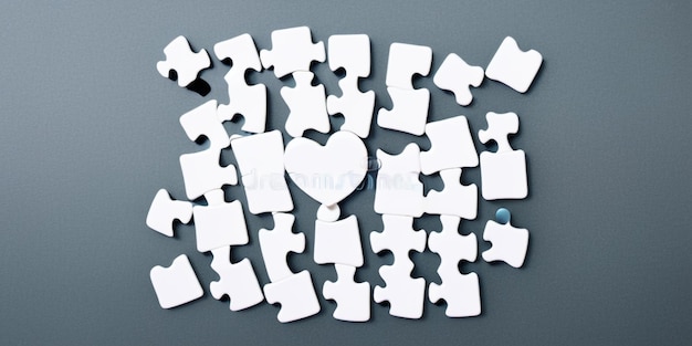 Foto cuore bianco fatto di pezzi simbolici del puzzle sull'autismo rappresentazione di unità e sostegno