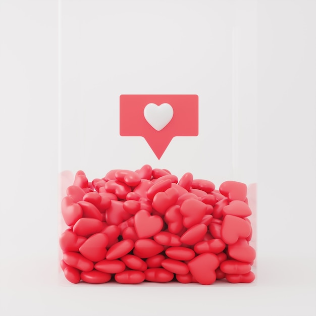 White Heart shape Floating on Red color heart shape Overlap in glass box on white background. Minimal idea concept. 3D Render.