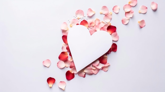 A white heart with petals on a white background