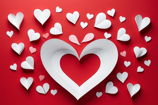 Белые сердечки из бумаги на красном текстурированном фоне для счастливого Дня Святого Валентина в Сан-Франциско.