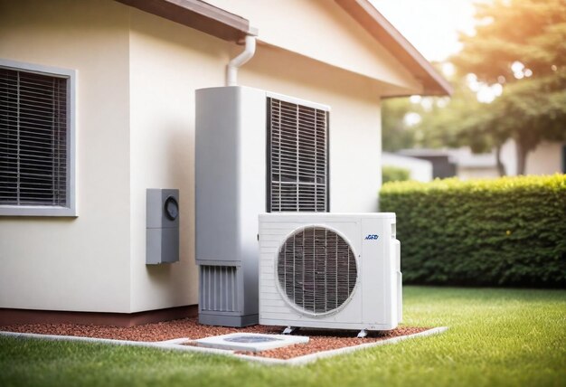 a white heater in front of a house with the air conditioner