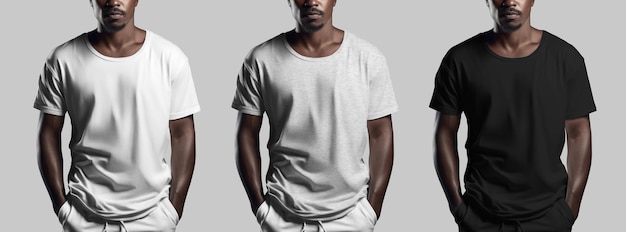 배경에 고립된 잔혹한 수염을 기른 남자의 흰색 헤더 블랙 티셔츠 템플릿 천 세트 전면 보기 디자인을 위한 아프리카계 미국인 스트리트 셔츠용 대형 남성 의류 모형 생성 AI
