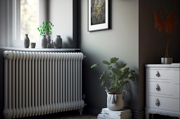 White heating radiator near gray wall and white chest of drawers on wooden legs