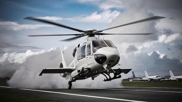 A white helicopter takes off from the runway