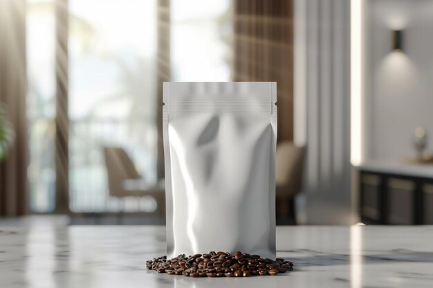 Photo white hermetic coffee bag on elegant room background