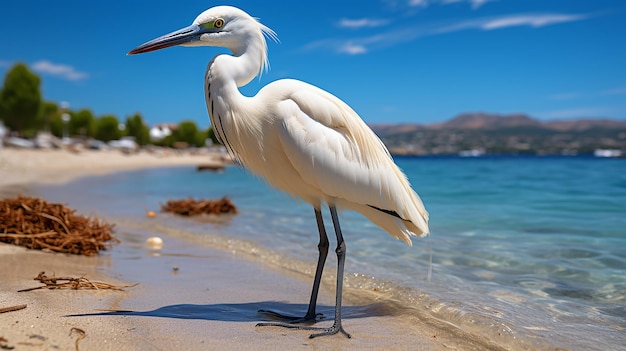 White_heron_egret_on_a_golden_beach_by_the_sea_agains