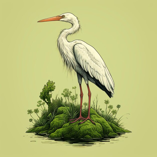 White Heron Standing On Grass Vector Illustration