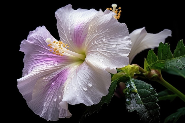 A white hibiscus flower with yellow and purple petals and a black background.