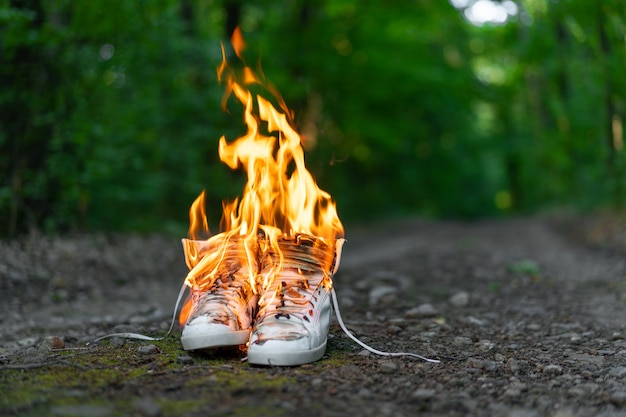 white high sneakers burning on a rural road that runs in the forest.