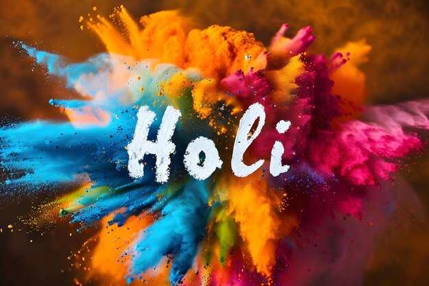 Photo white holi text on a backdrop of colorful explosion concept holi festival colorful explosion white text vibrant background celebration startup