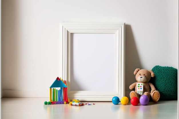 white hollow frame next to toys on the floor