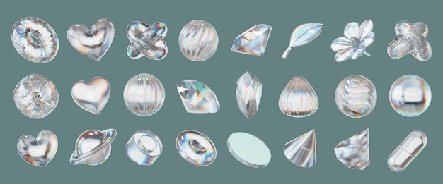 white holographic objects decoration set pack isolated background 3d rendering