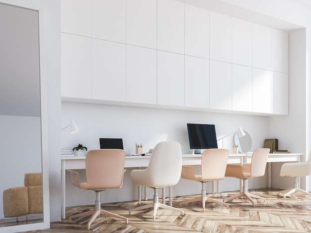 White home office corner with two tables with computer screens on them standing in a hipster room with white walls and closets and a vertical mirror on the floor. 3d rendering mock up