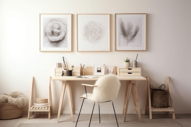 White home office design in scandinavian style Workspace with poster chair and modern furniture Generative AI illustration