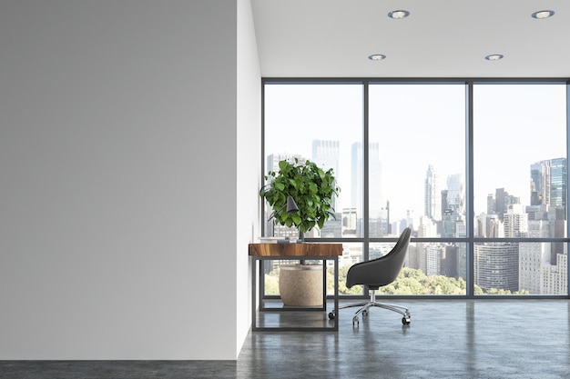 White home office interior with a concrete floor, a panoramic window, and a wooden table with a black chair near it. 3d rendering mock up