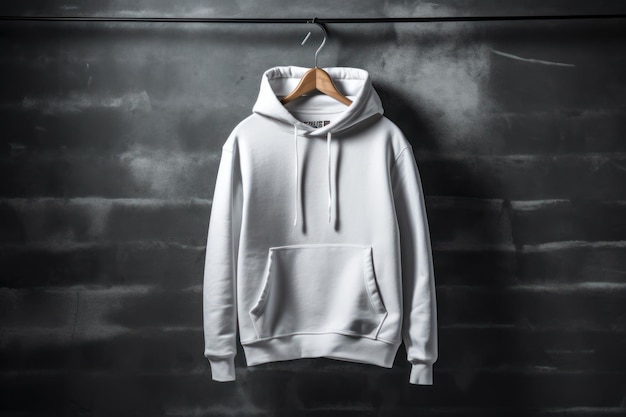 A white hoodie hanging on a wall with a black background.