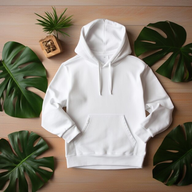 White Hoodie Mockup on Monstera