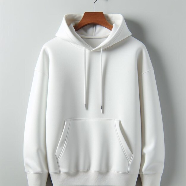 a white hoodie with a brown wooden hanger hanging from it