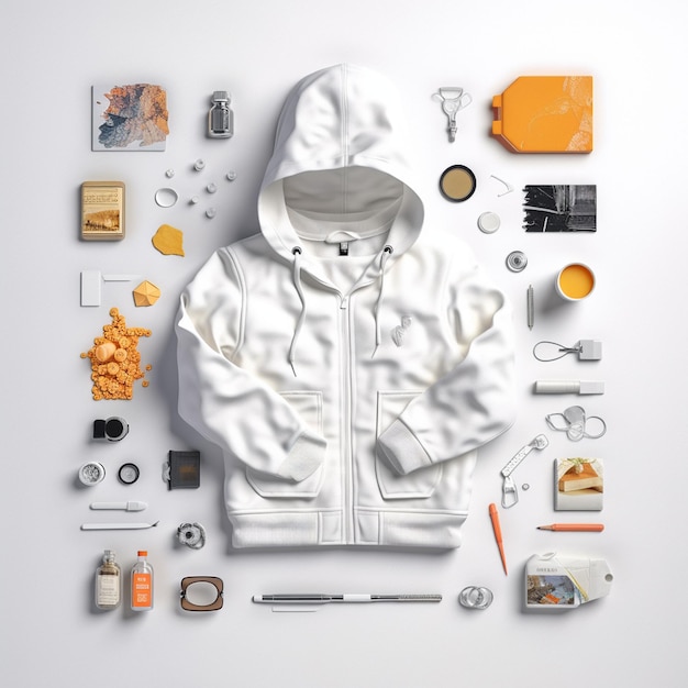 A white hoodie with a bunch of things on it