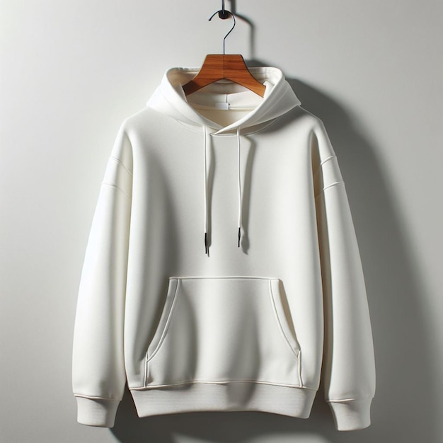 a white hoodie with a white hoodie hanging on a hanger
