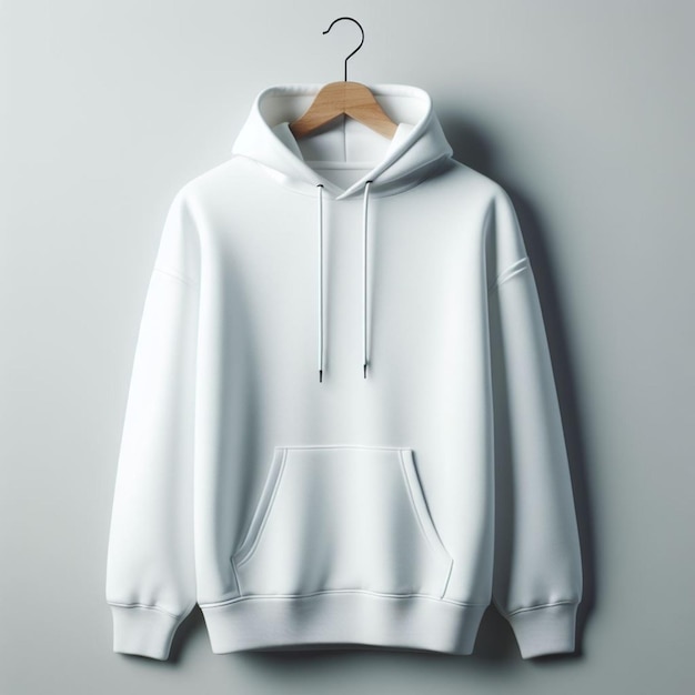 a white hoodie with a white hoodie hanging on a wall