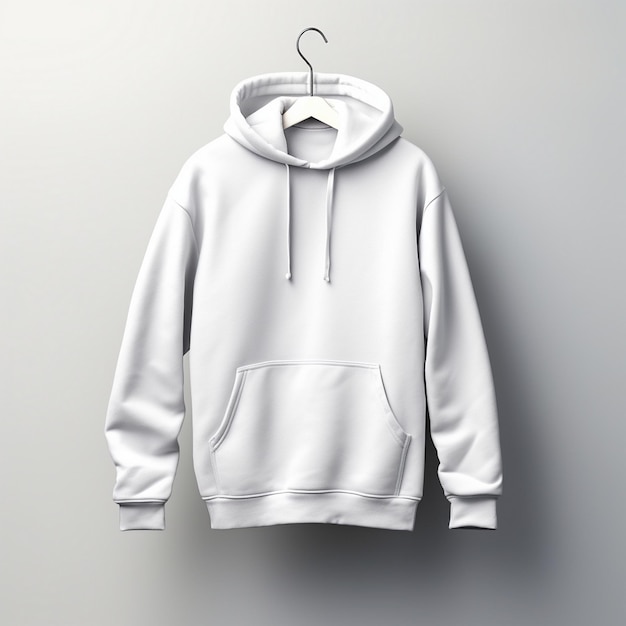 a white hoodie with a white hoodie hanging on a wall.