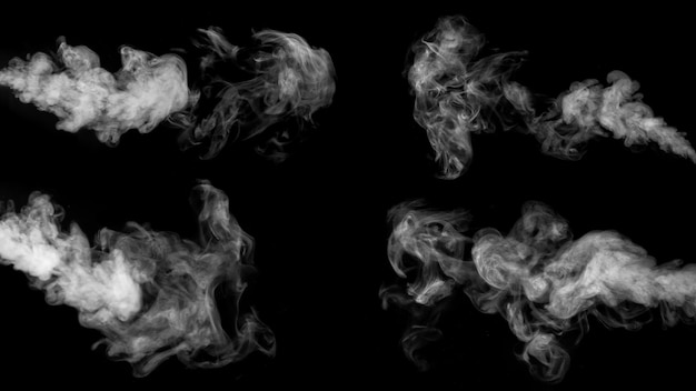 White horizontal smoke collection on black background Fog or smoke set isolated on black background