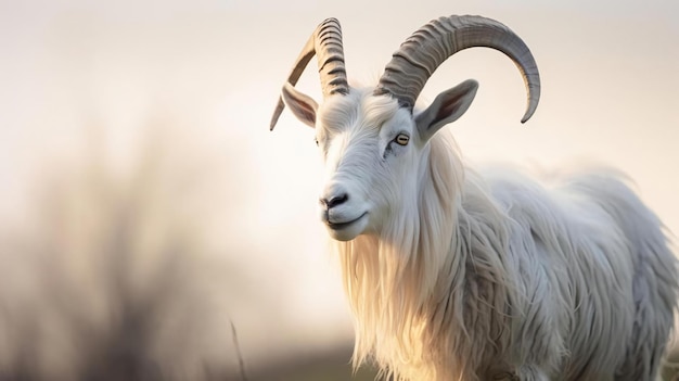 A white horned goat head on blurry natural background generated by ai