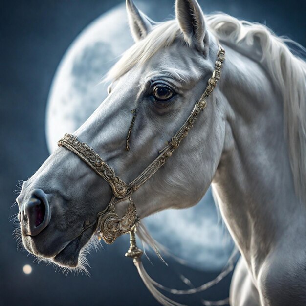 White horse on the background of the moon