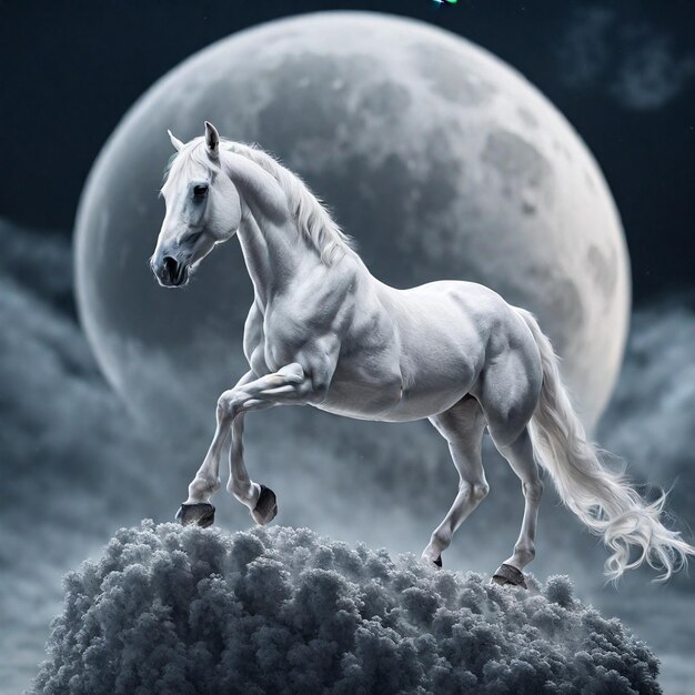 月の背景にある白い馬
