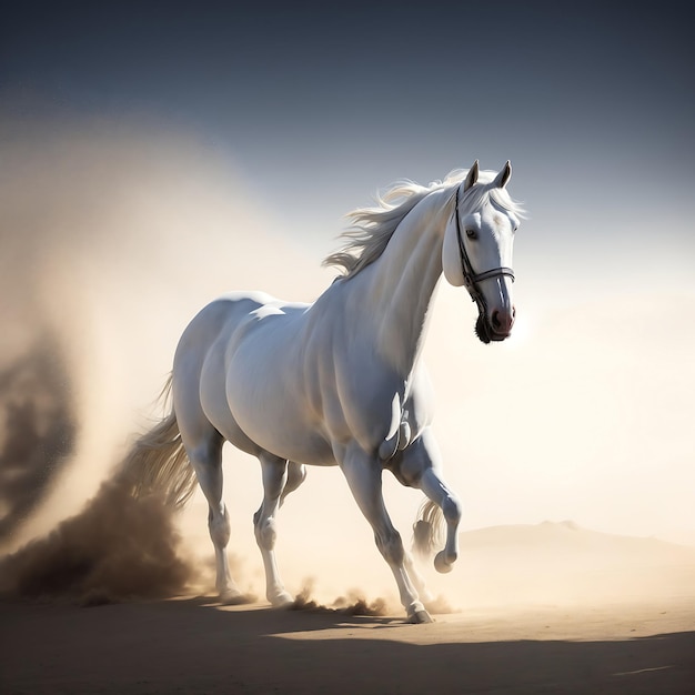 White horse in desert dust against dark background ai generated