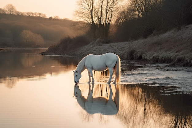 A white horse drinking water from a body of water