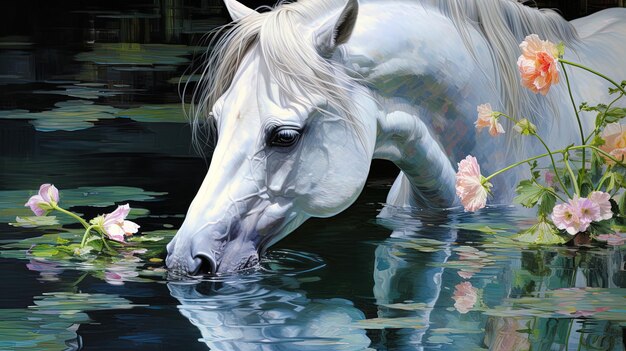 Photo a white horse drinking water from a lake with flowers in the background