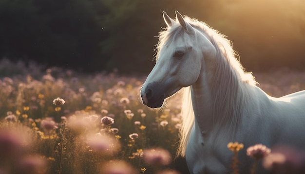 A white horse in a field of flowers