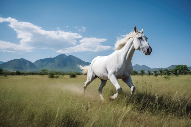 Белая лошадь скачет в горном ландшафте Величественный генеративный IA