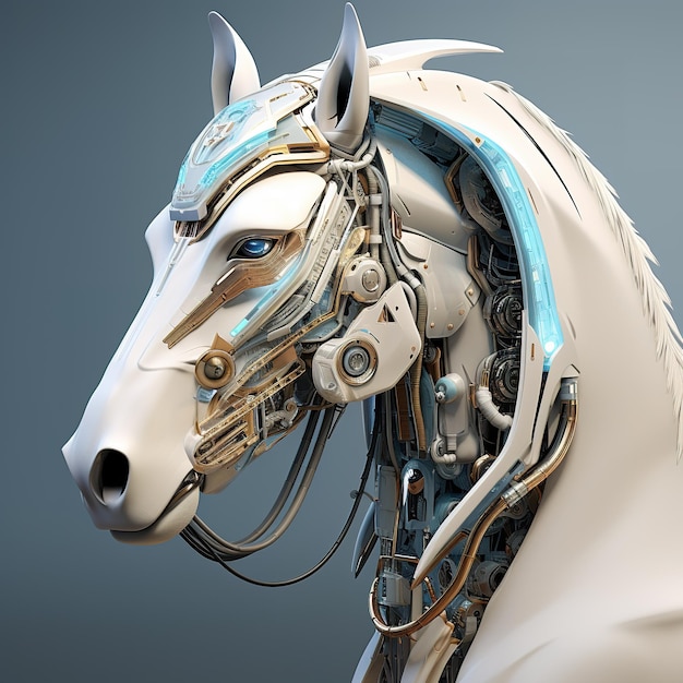 Голова белой лошади, представляющая собой футуристическую машину будущего мира Животные дикой природы Иллюстрация Генеративный AI