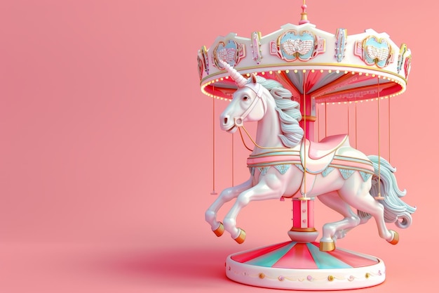 A white horse is riding on a carousel with a pink background