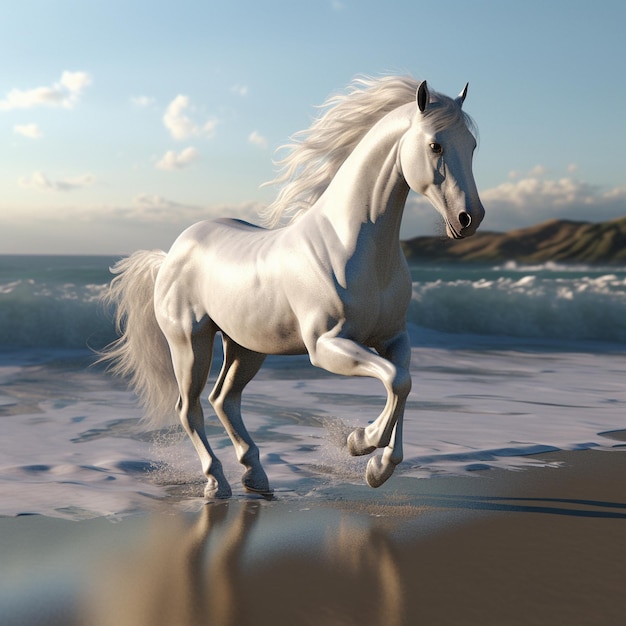 A white horse is running on the beach with the ocean in the background.