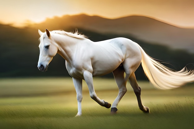 A white horse is running in a field