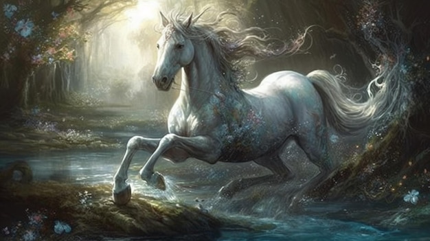 Белая лошадь бежит по ручью.